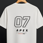 A white short-sleeve t-shirt hanging on a wooden hanger against a dark background. The back of the shirt features a large black outlined '07' graphic above the word 'APEX' in black, with small red and black text and logo details underneath.
