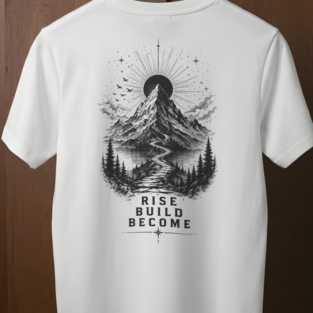 A white short-sleeve t-shirt hanging on a wooden hanger against a dark brown wood-paneled background. The back of the shirt features a large black graphic print of a mountain, sun, trees, and the text 'RISE BUILD BECOME'.