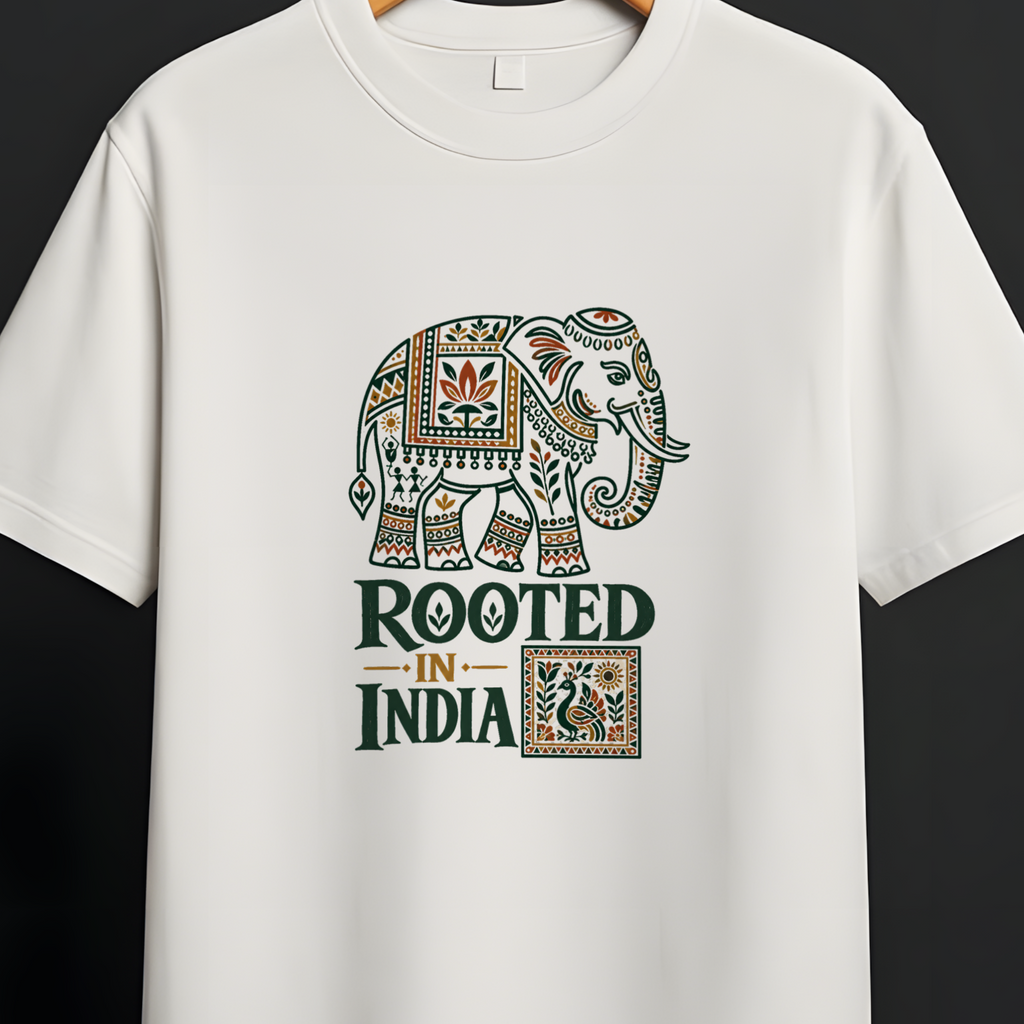 A white short-sleeve crewneck t-shirt hanging on a wooden hanger against a dark gray background. The shirt features a graphic print of an ornate elephant and the text 'ROOTED IN INDIA' in dark green and gold.