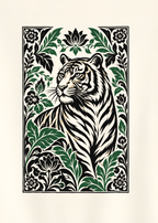 An off-white short-sleeve t-shirt hanging on a wooden hanger against a solid gray background. The back of the shirt features a large rectangular graphic print depicting a black and white tiger surrounded by green leaves and floral patterns.