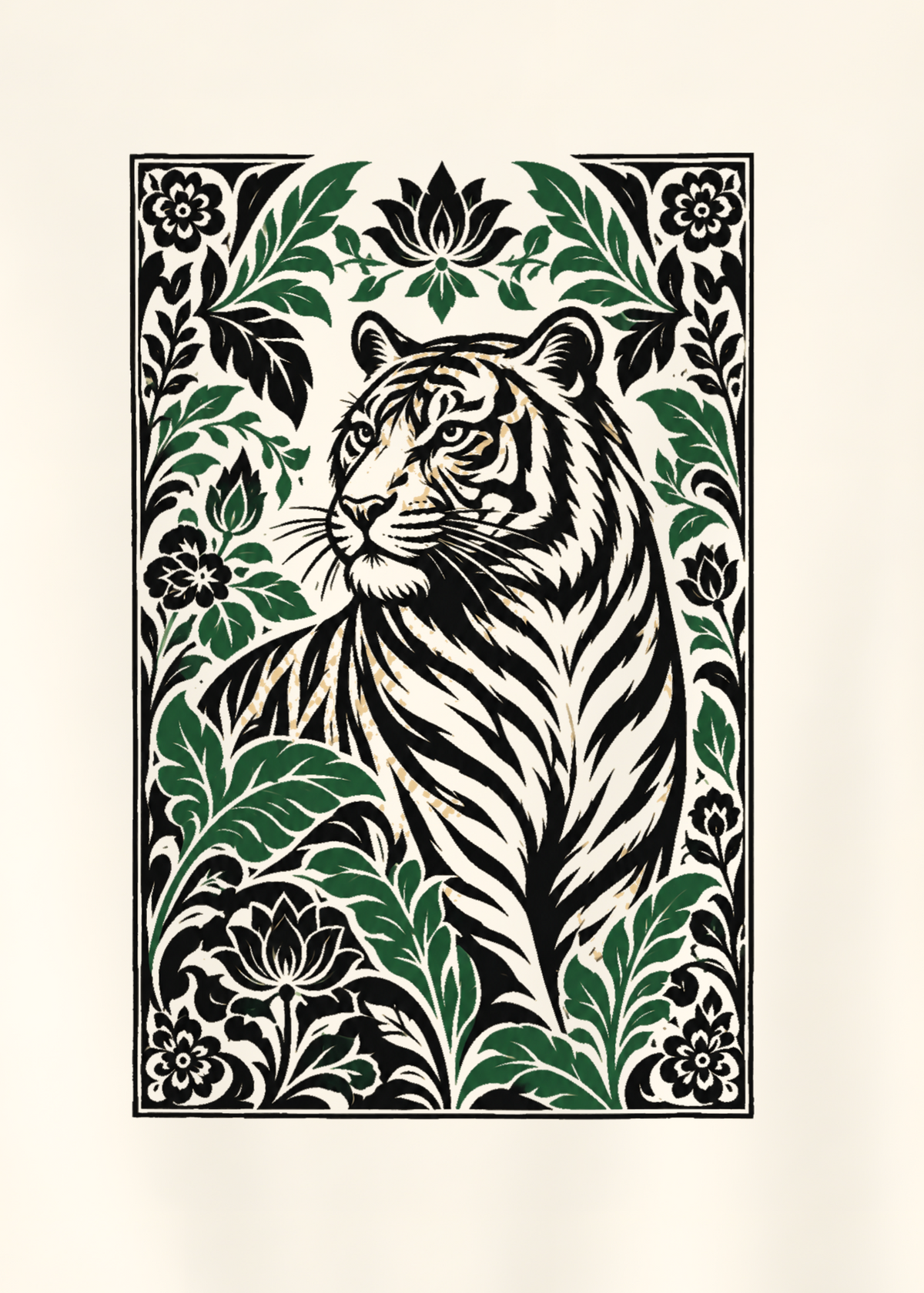 An off-white short-sleeve t-shirt hanging on a wooden hanger against a solid gray background. The back of the shirt features a large rectangular graphic print depicting a black and white tiger surrounded by green leaves and floral patterns.