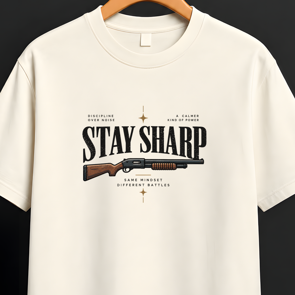 An off-white short-sleeve t-shirt hanging on a wooden hanger against a dark background. The shirt features a graphic print on the front with the text 'STAY SHARP' and a vintage-style rifle illustration.