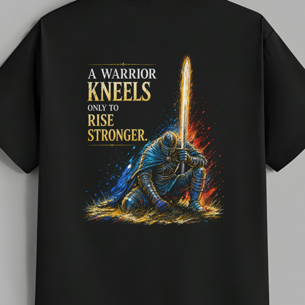 A black short-sleeve t-shirt hanging on a wooden hanger against a solid gray background. The back of the shirt features a large graphic print of a knight in blue armor kneeling with a glowing sword, accompanied by the text 'A WARRIOR KNEELS ONLY TO RISE STRONGER.