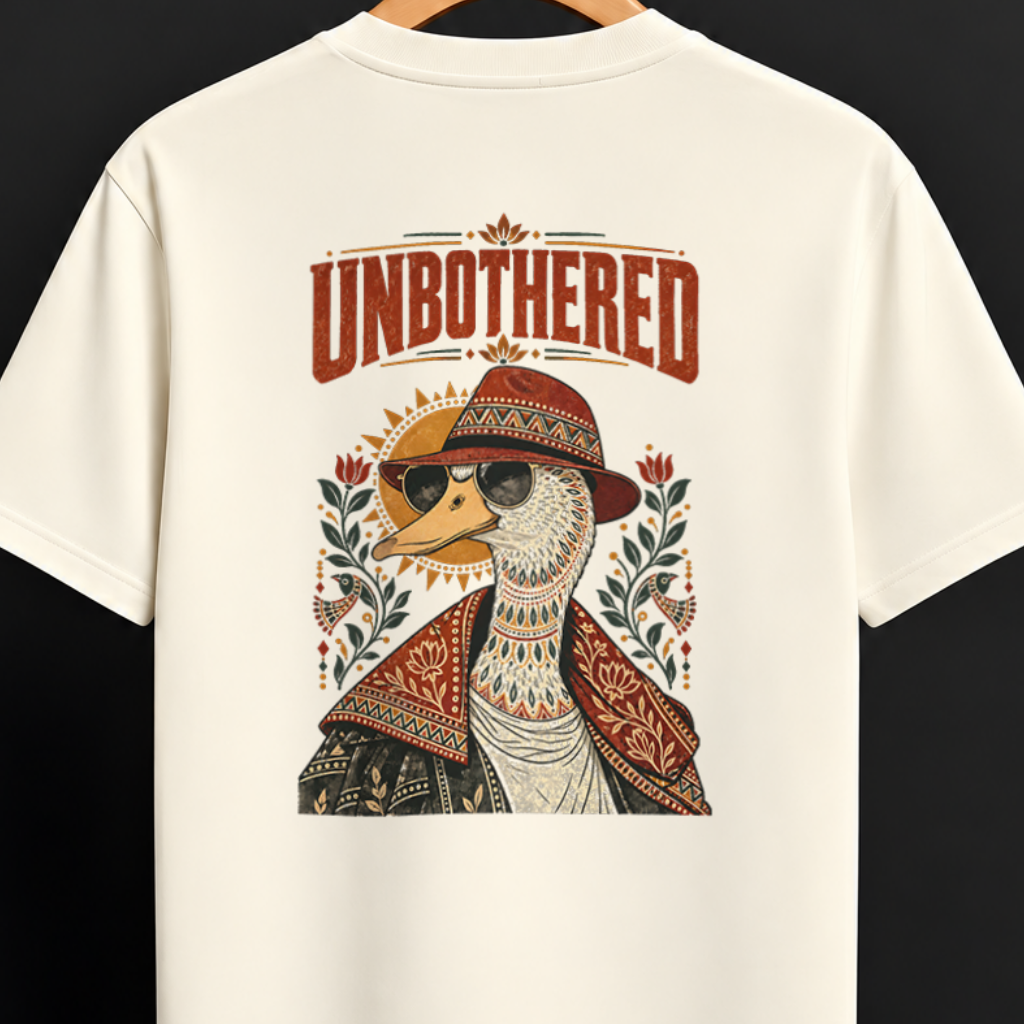 An off-white short-sleeve t-shirt hanging on a wooden hanger against a dark background. The back of the shirt features a large graphic print of a bird wearing a hat and sunglasses, with the word 'UNBOTHERED' printed above in a reddish-brown font.