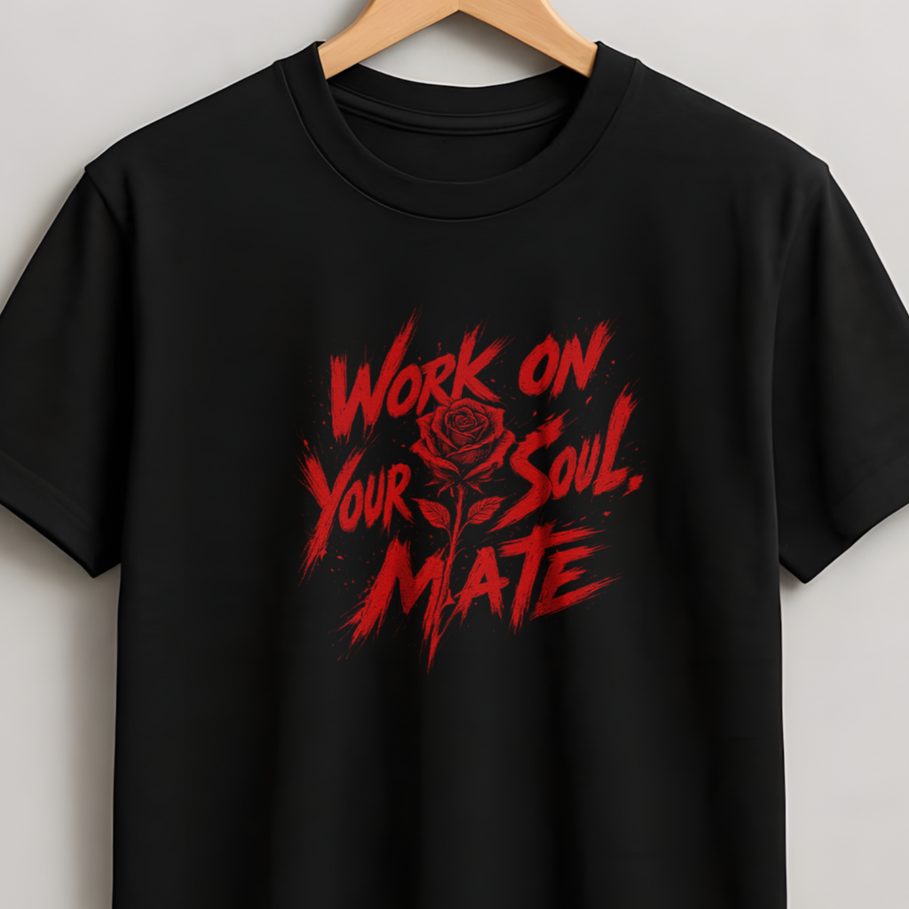 A black short-sleeve crewneck t-shirt hanging on a wooden hanger against a light gray wall. The shirt features a distressed red graphic on the chest with the text 'WORK ON YOUR SOUL.